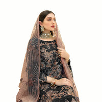 Miss Ethnik Women's Faux Georgette Semi Stitched Top With Unstitched Santoon Bottom and Net Dupatta Embroidered Straight Top Dress Material (Pakistani Salwar Suit)