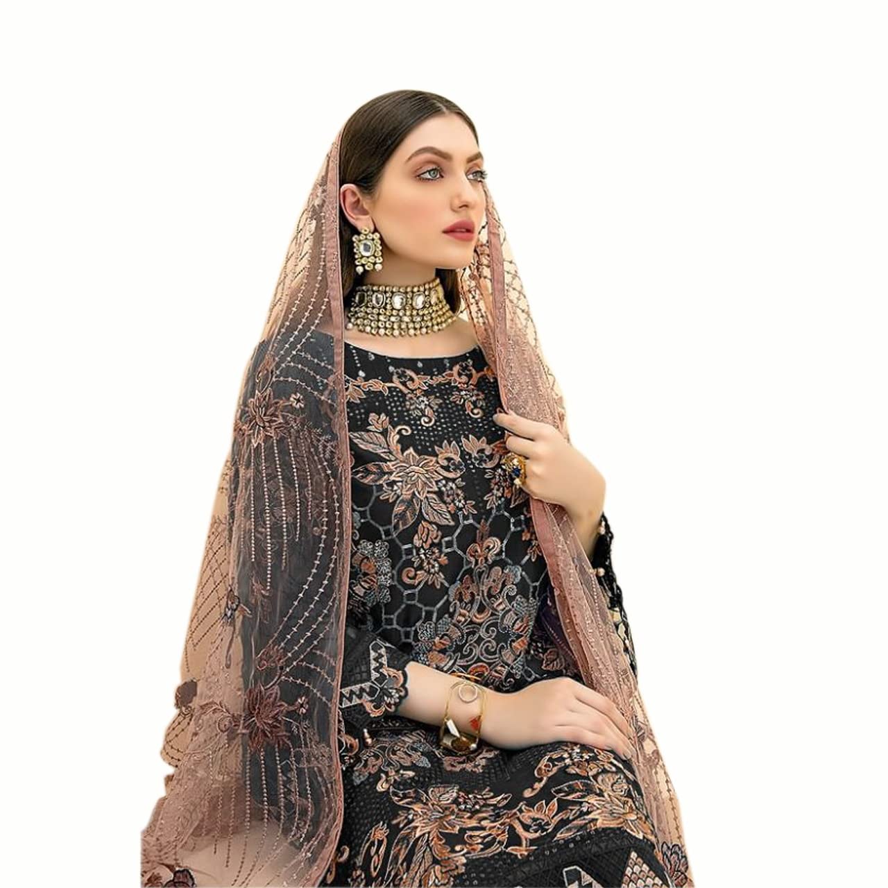 Miss Ethnik Women's Faux Georgette Semi Stitched Top With Unstitched Santoon Bottom and Net Dupatta Embroidered Straight Top Dress Material (Pakistani Salwar Suit)