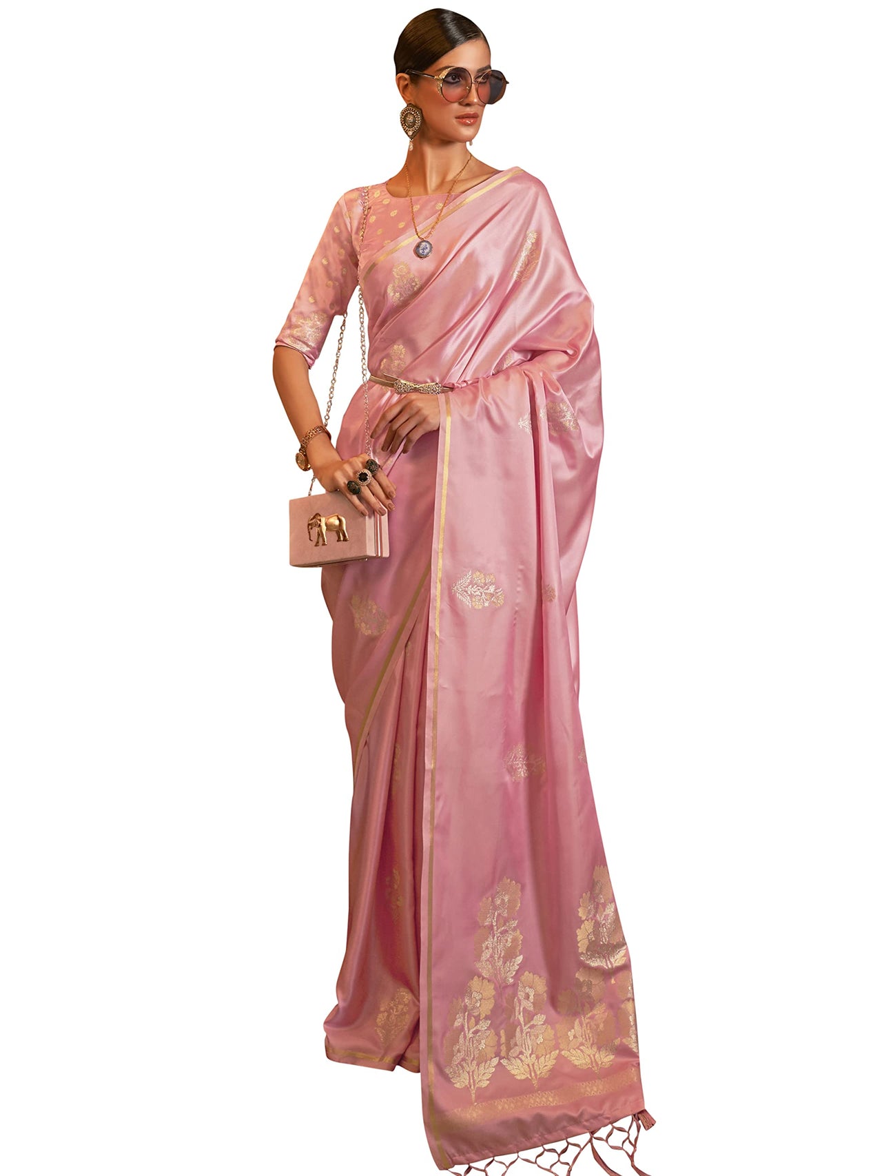 AKHILAM Women's Banarasi Pure Silk Floral Golden Zari Work Woven Design Border Saree with Unstitched Blouse Piece(KSBLE2240_Parent)