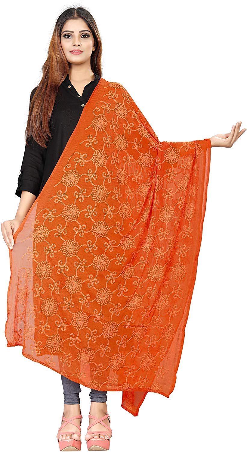 AKSHAR LLC Women's Designer Pure Chiffon Dupatta with Pure Cotton Thread Embroidery Work
