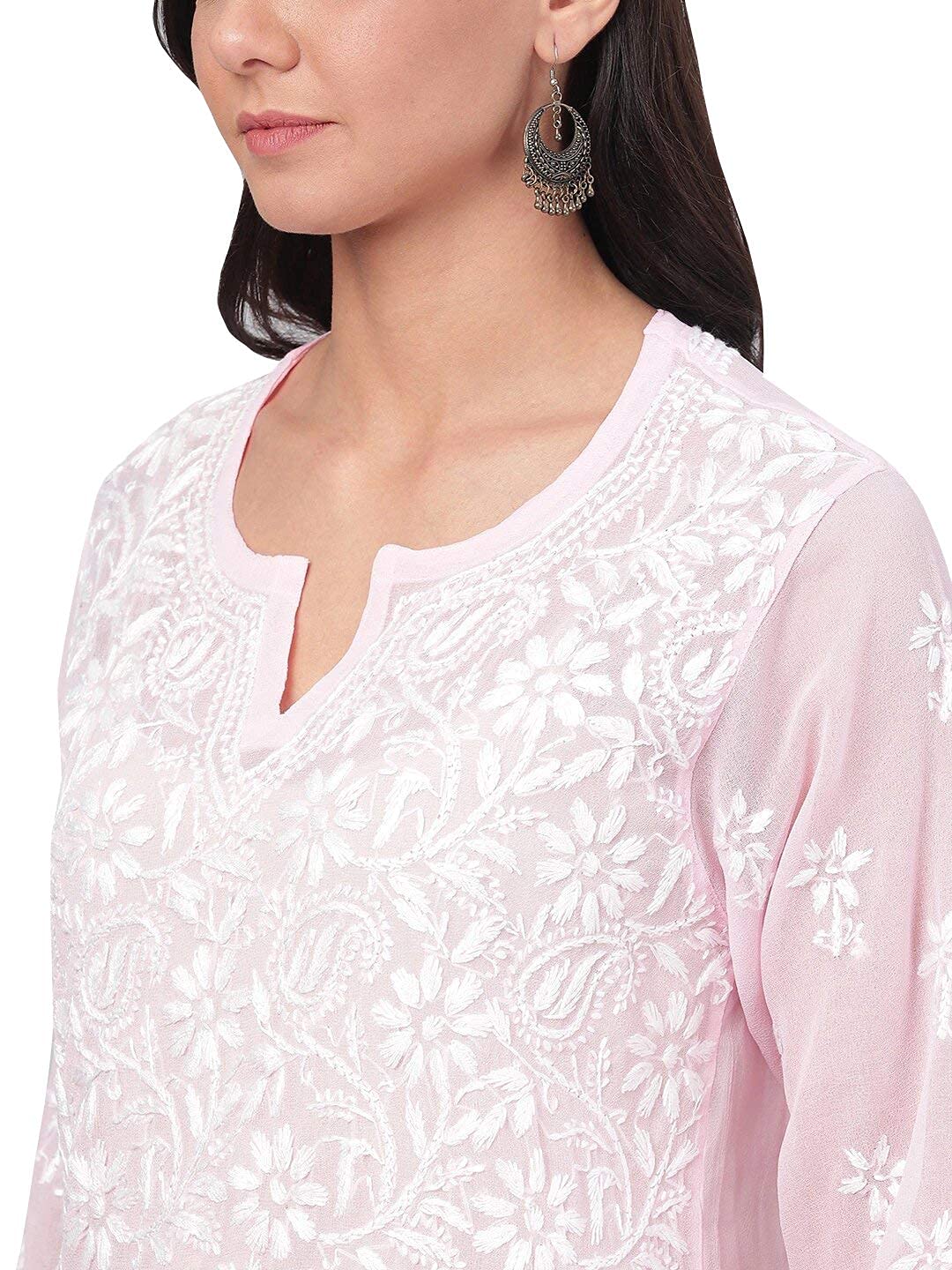 Ada Hand Embroidered Women's Georgette Lucknowi Chikankari Kurta with Slip A90397 White