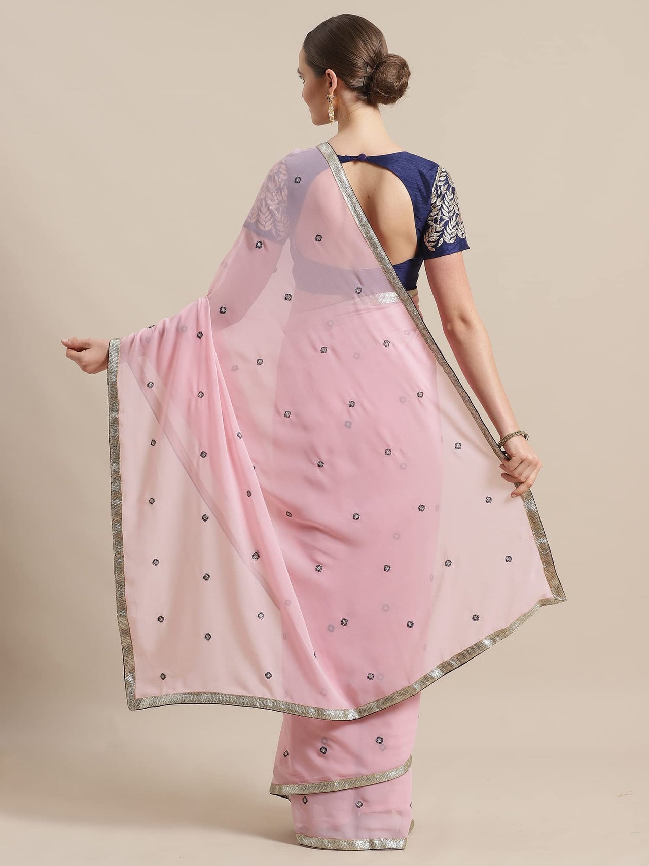 AKHILAM Women's Organza Net Embroidered Saree With Blouse Piece