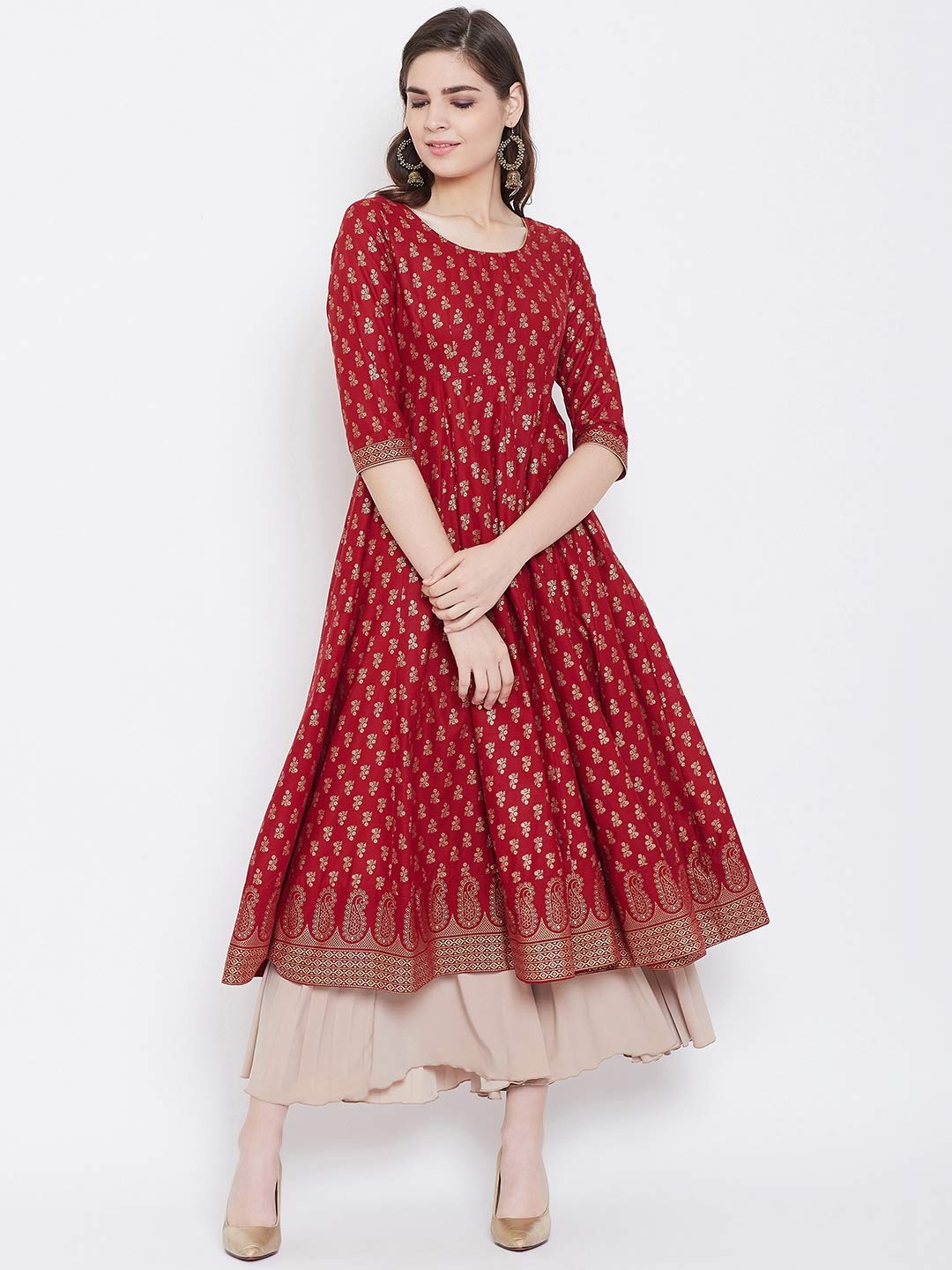 "PH" POSHAKHUB Adorable Women's Soft Cotton Printed Cap Sleeve Anarka Kurti