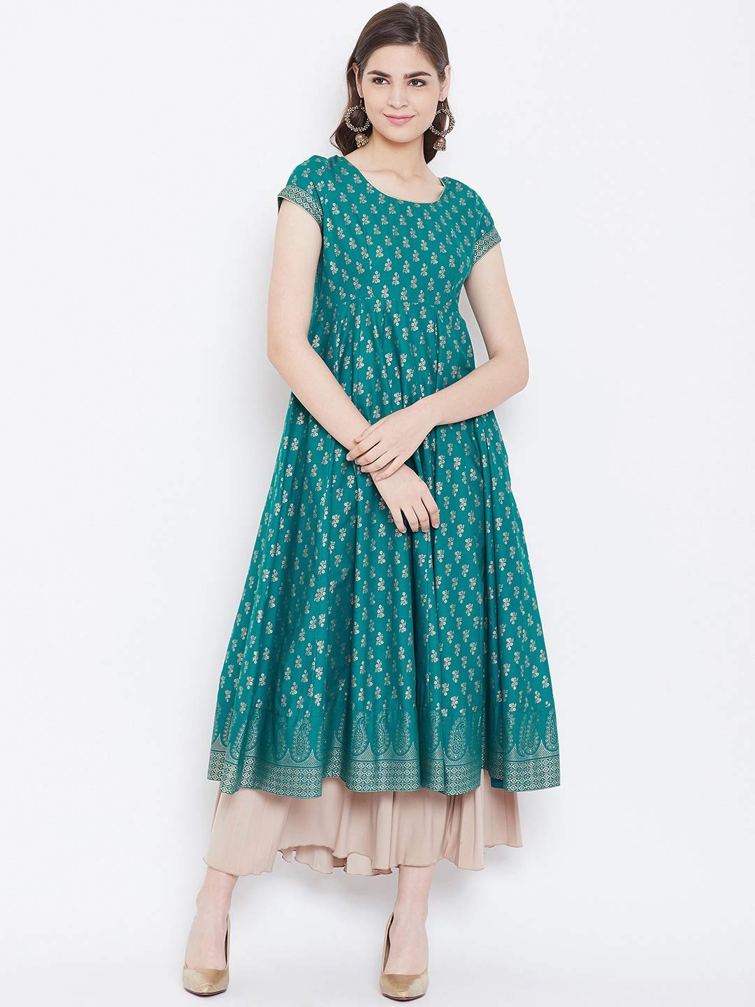 "PH" POSHAKHUB Adorable Women's Soft Cotton Printed Cap Sleeve Anarka Kurti
