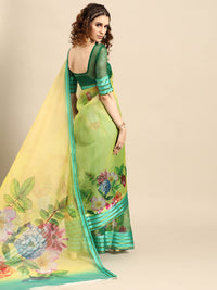 AKHILAM Women's Knit Floral Printed Organza Saree with Unstitched Blouse Piece (FF0SAGE10_Parent)