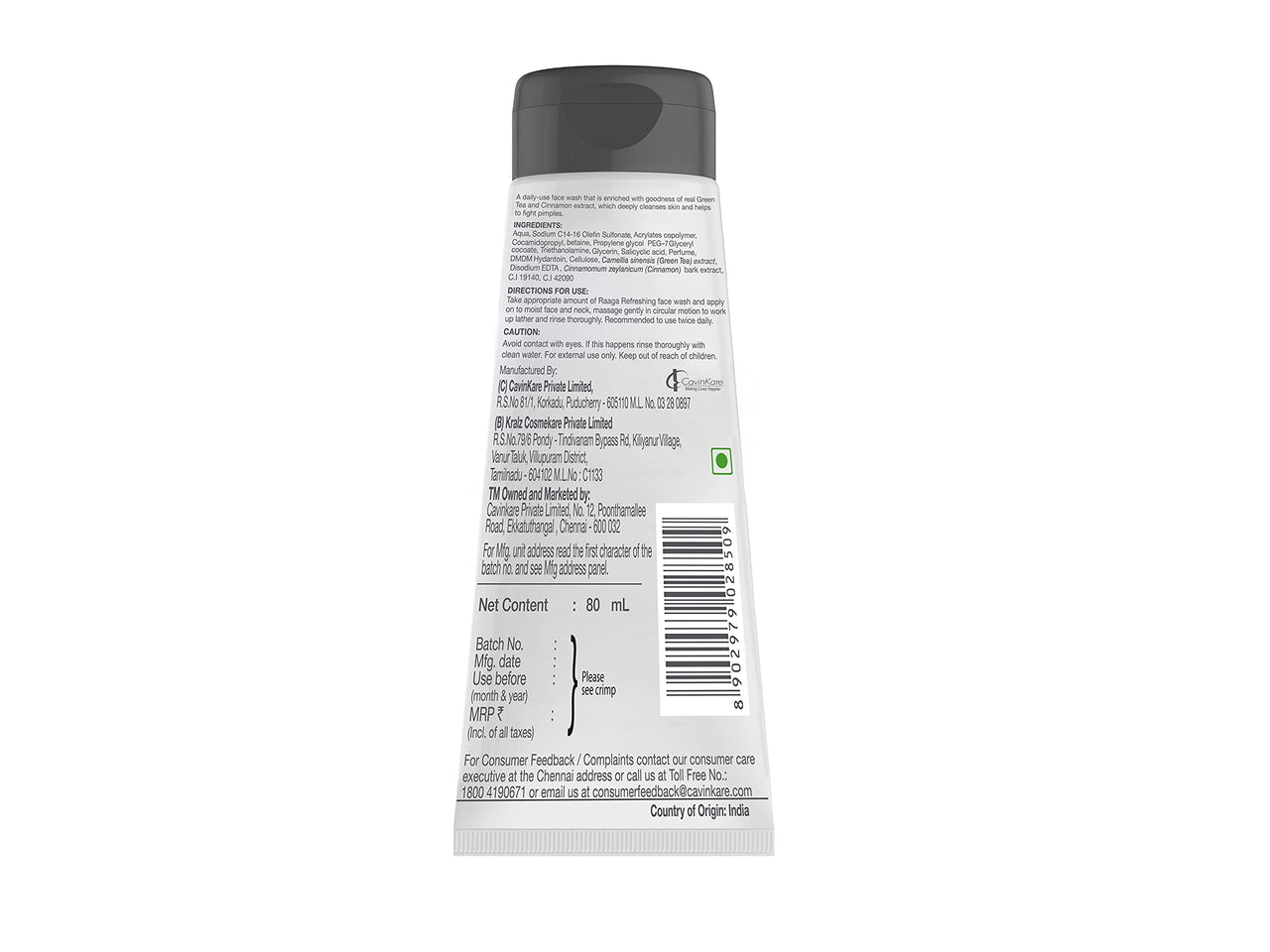 Raaga Professional Refreshing Facewash with Green Tea Extract and Cinnamon Extract | For Normal to Oily Skin | Deeply Cleanses Skin & Helps Fight Pimples (80 ml)