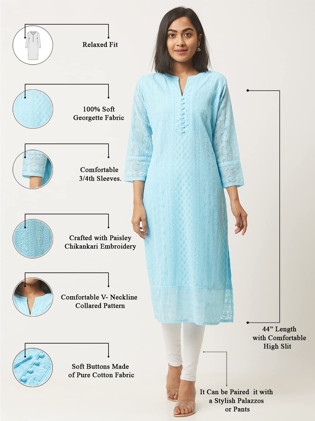 ZOLA Exclusive Georgette V Neck with 3/4th Sleeves and Calf Length Lucknowi Chikankari Ethnic Wear Straight Kurta for Women Pack of 1