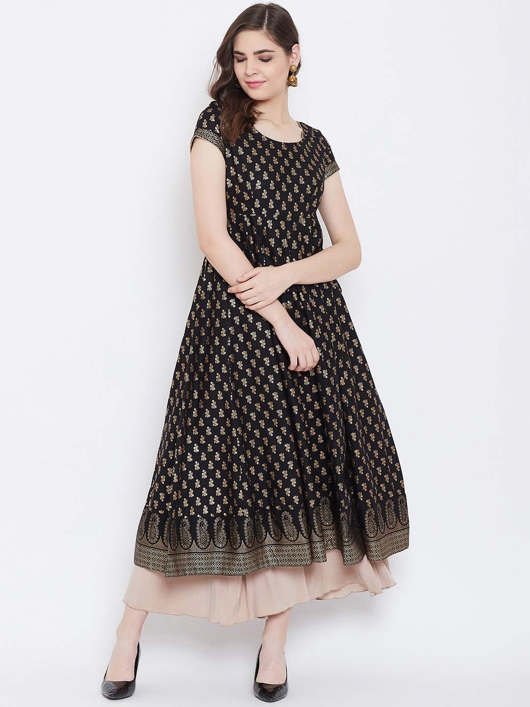 "PH" POSHAKHUB Adorable Women's Soft Cotton Printed Cap Sleeve Anarka Kurti