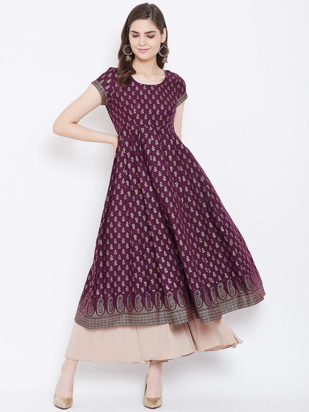 "PH" POSHAKHUB Adorable Women's Soft Cotton Printed Cap Sleeve Anarka Kurti