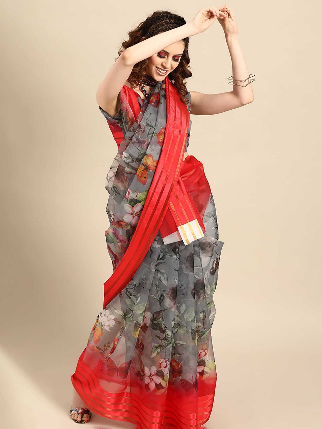 AKHILAM Women's Knit Floral Printed Organza Saree with Unstitched Blouse Piece (FF0SAGE10_Parent)