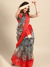 AKHILAM Women's Knit Floral Printed Organza Saree with Unstitched Blouse Piece (FF0SAGE10_Parent)
