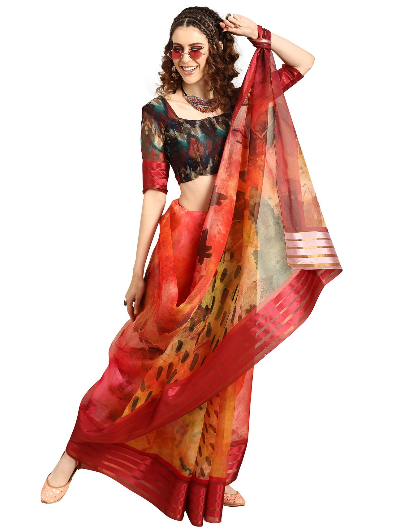 AKHILAM Women's Knit Floral Printed Organza Saree with Unstitched Blouse Piece (FF0SAGE10_Parent)