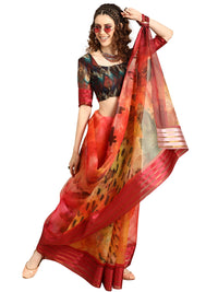 AKHILAM Women's Knit Floral Printed Organza Saree with Unstitched Blouse Piece (FF0SAGE10_Parent)