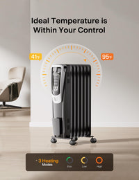 PELONIS Oil Filled Radiator, Electric Space Heater for Indoor Use Large Room with Thermostat & Remote, 3 Modes & 3 Heat Settings, ECO Mode, 24H Timer, Quiet, Overheat & Tip-Over Protection, 1500W Premium with LED Display Black