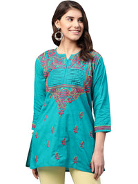 Ada Women's Cotton Top Hand Embroidered Lucknowi Chikankari Tunic Kurti