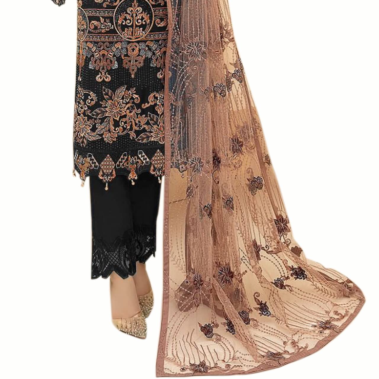 Miss Ethnik Women's Faux Georgette Semi Stitched Top With Unstitched Santoon Bottom and Net Dupatta Embroidered Straight Top Dress Material (Pakistani Salwar Suit)
