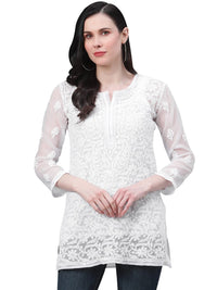 Ada Women's Hand Embroidered Lucknowi Chikankari Georgette Short Top Kurti with Slip