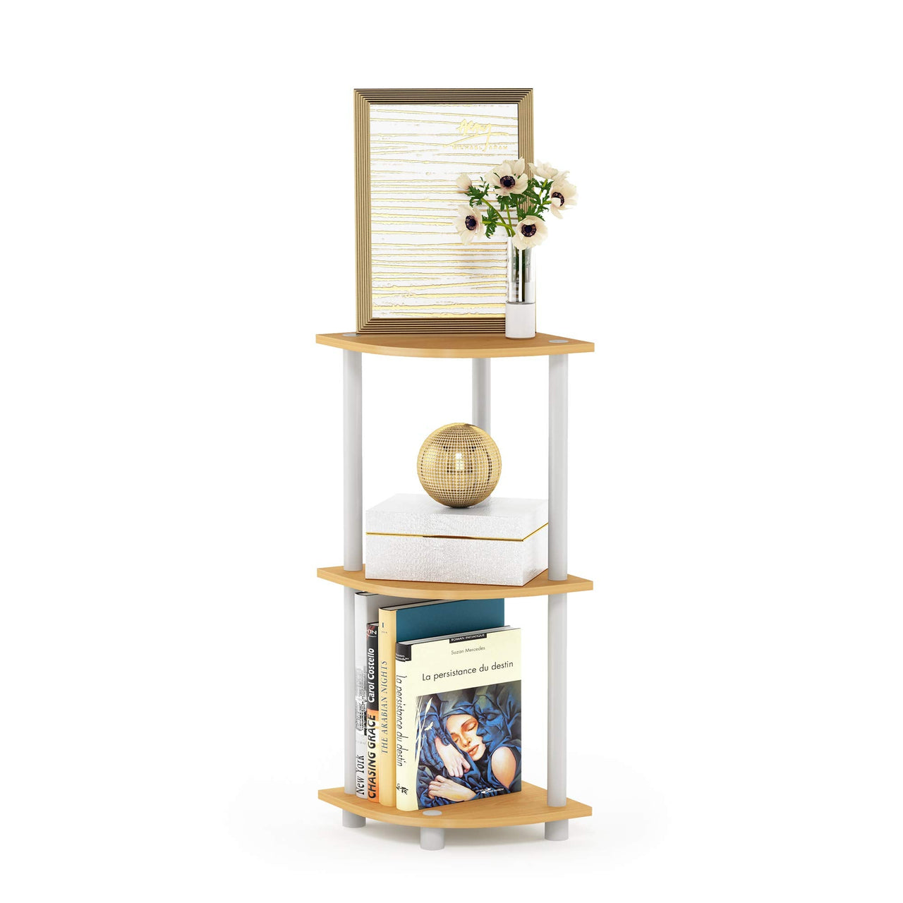 Furinno Turn-N-Tube 4-Tier Corner Display Rack Multipurpose Shelving Unit, Dark Brown Grain/Black 4-Tier Round Tube