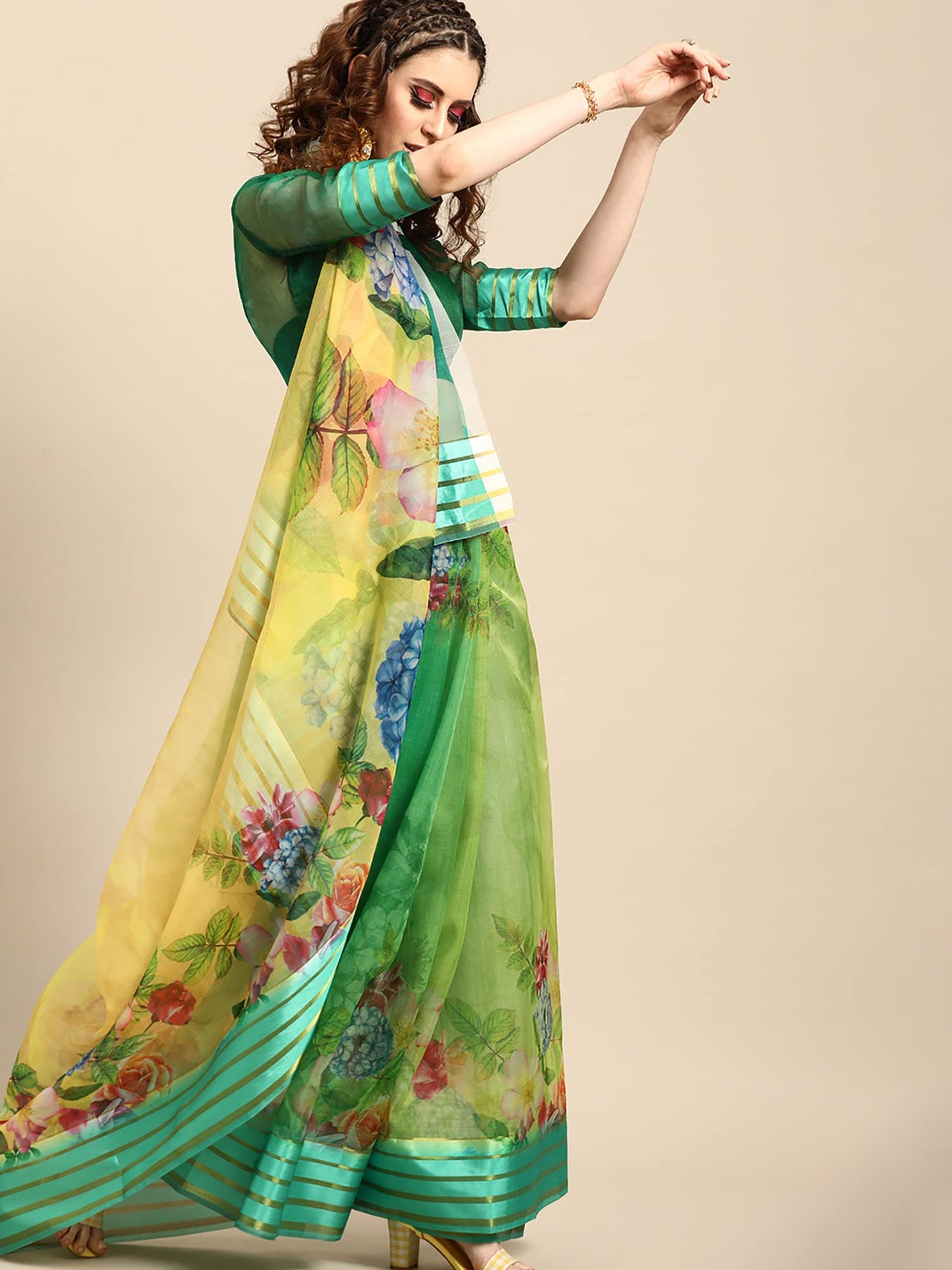 AKHILAM Women's Knit Floral Printed Organza Saree with Unstitched Blouse Piece (FF0SAGE10_Parent)