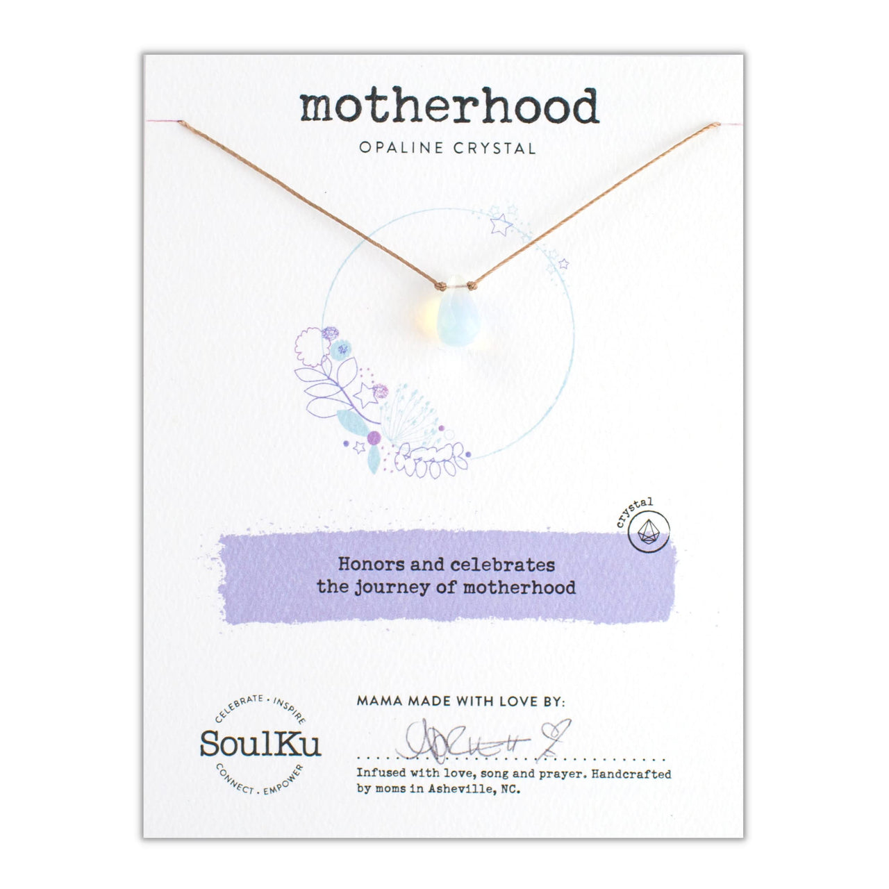 SoulKu Soul Shine Handmade Necklace, Empowering Jewelry With Healing Crystal, Inspirational Jewelry For Women, Mom & Sister, 2"" Extender With Lobster Clasp, 16"" Nylon Cord (Opaline, Motherhood) Opaline