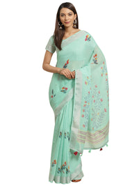 AKHILAM Women's Linen Geometric Saree With Unstitched Boluse Piece