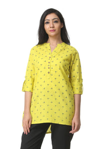 Pistaa's Printed Lime Green Cotton Flex Short Top Kurti
