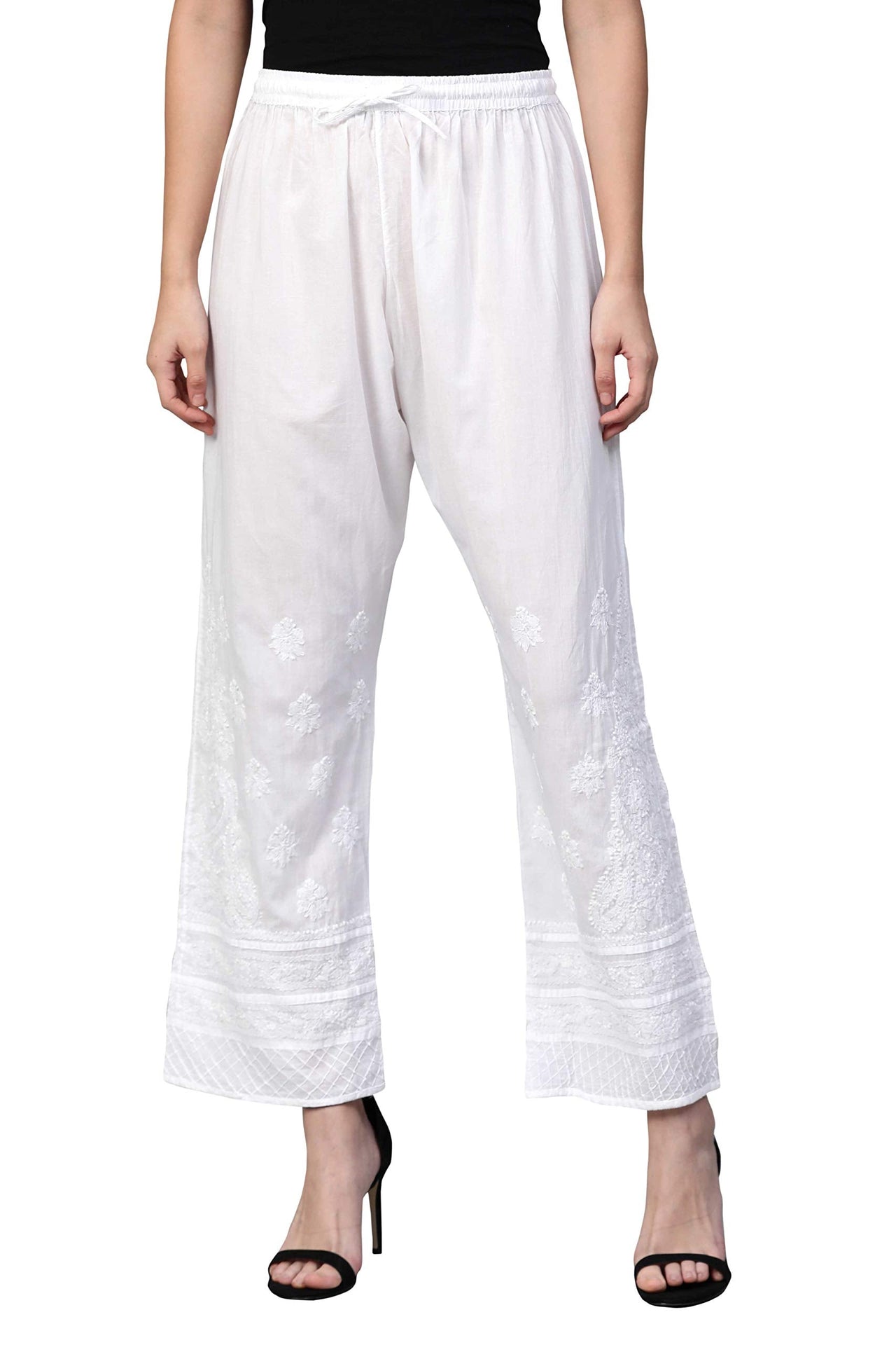 Ada Women's Hand Embroidered Lucknow Chikan Pure Cotton Palazzo