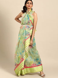 AKHILAM Women's Knit Floral Printed Organza Saree with Unstitched Blouse Piece (FF0SAGE10_Parent)