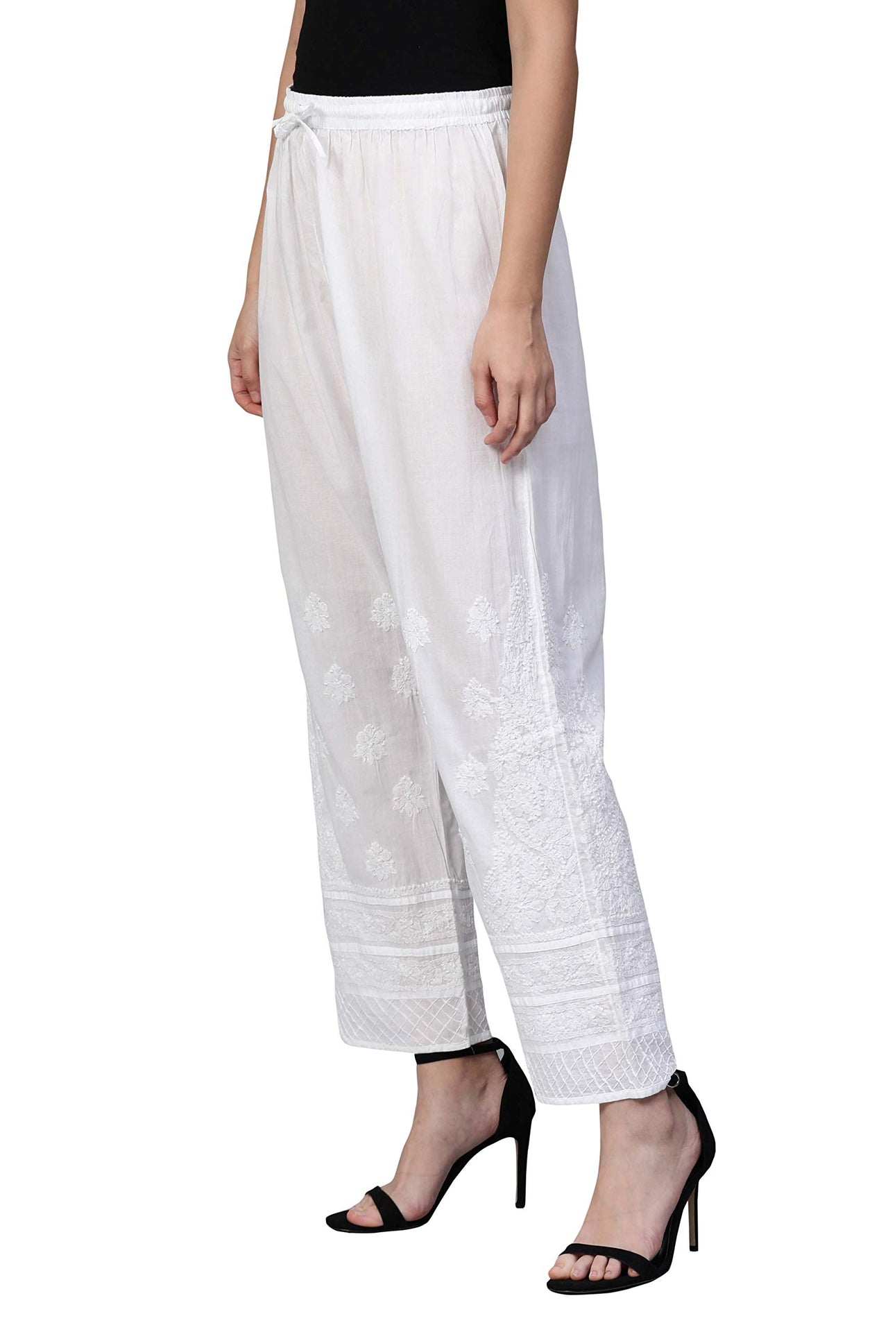 Ada Women's Hand Embroidered Lucknow Chikan Pure Cotton Palazzo