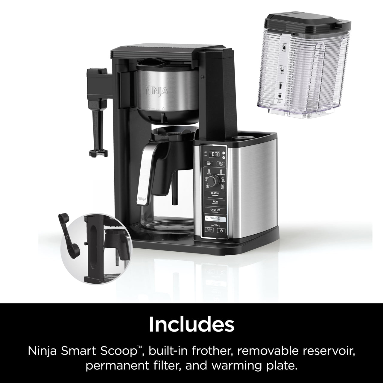 Ninja Specialty Coffee Maker, Hot & Iced Coffee, 6 Brew Styles, 8 Sizes, Small Cup to Travel Mug, 10-Cup Carafe, Fold-Away Frother, Permanent Filter, Removable Reservoir, Black, CM401 10 cup - Stainless Steel