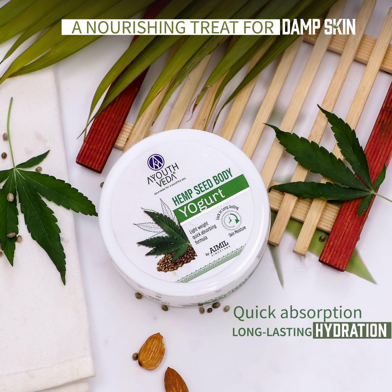 Aimil Ayouthveda Hemp Seed Body Yogurt for All Skin Types | Light Weighted & Quick Absorbing Moisturizer | Non-greasy Formula | Keeps Skin Hydrated & Nourished | Long lasting Hydration (200g)