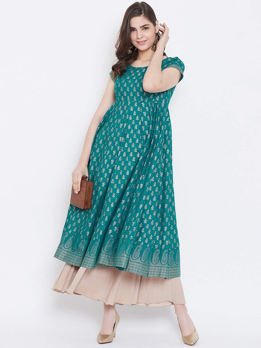 "PH" POSHAKHUB Adorable Women's Soft Cotton Printed Cap Sleeve Anarka Kurti