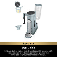 Ninja Pods & Grounds Specialty Single-Serve Coffee Maker, K-Cup Pod Compatible, Built-In Milk Frother, 6-oz. Cup to 24-oz. Travel Mug Sizes, Iced Coffee Maker, Glacier Blue, PB051GB