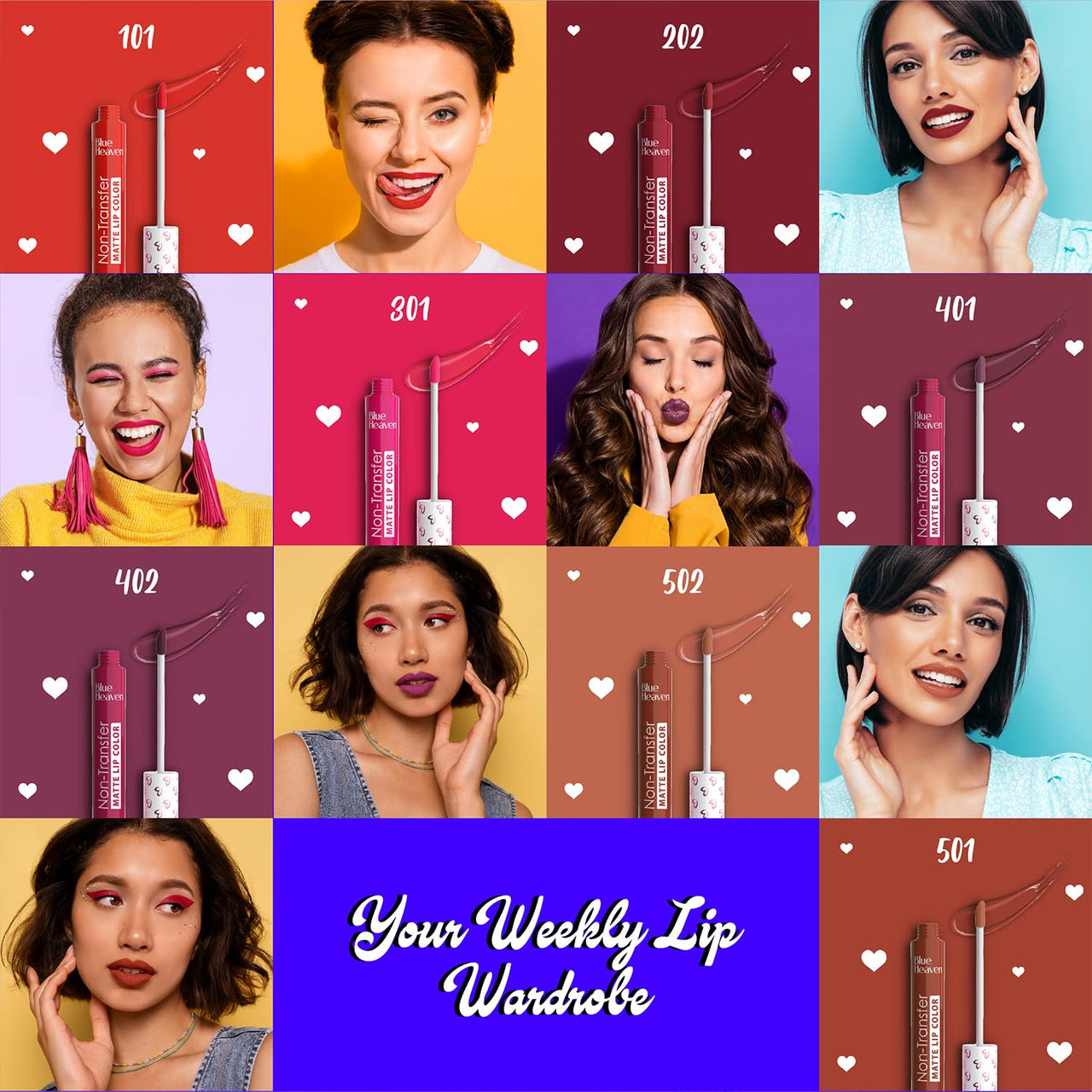 Blue Heaven Lip Kicks Non Transfer Lip color Pack of 7, Liquid Matte Lipsticks for Women, Long lasting and Hydrating Lipsticks, 19.6ml