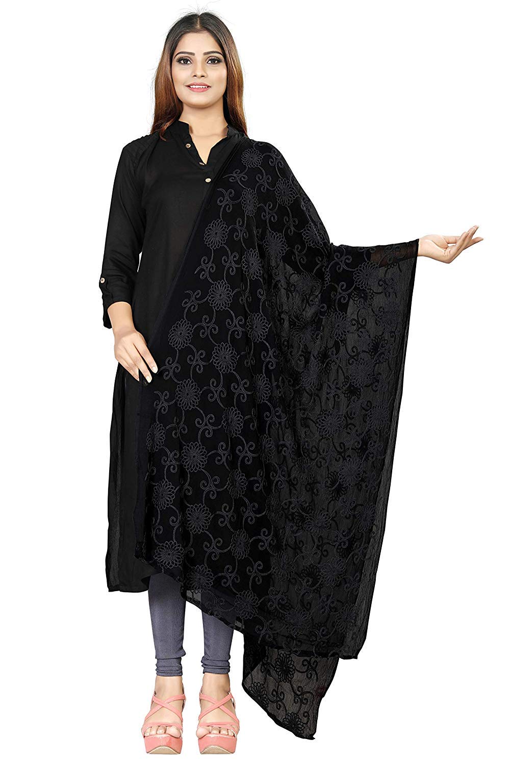 AKSHAR LLC Women's Designer Pure Chiffon Dupatta with Pure Cotton Thread Embroidery Work