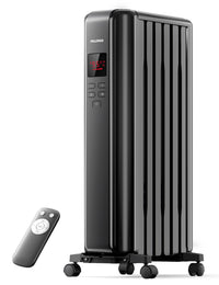 PELONIS Oil Filled Radiator, Electric Space Heater for Indoor Use Large Room with Thermostat & Remote, 3 Modes & 3 Heat Settings, ECO Mode, 24H Timer, Quiet, Overheat & Tip-Over Protection, 1500W Premium with LED Display Black