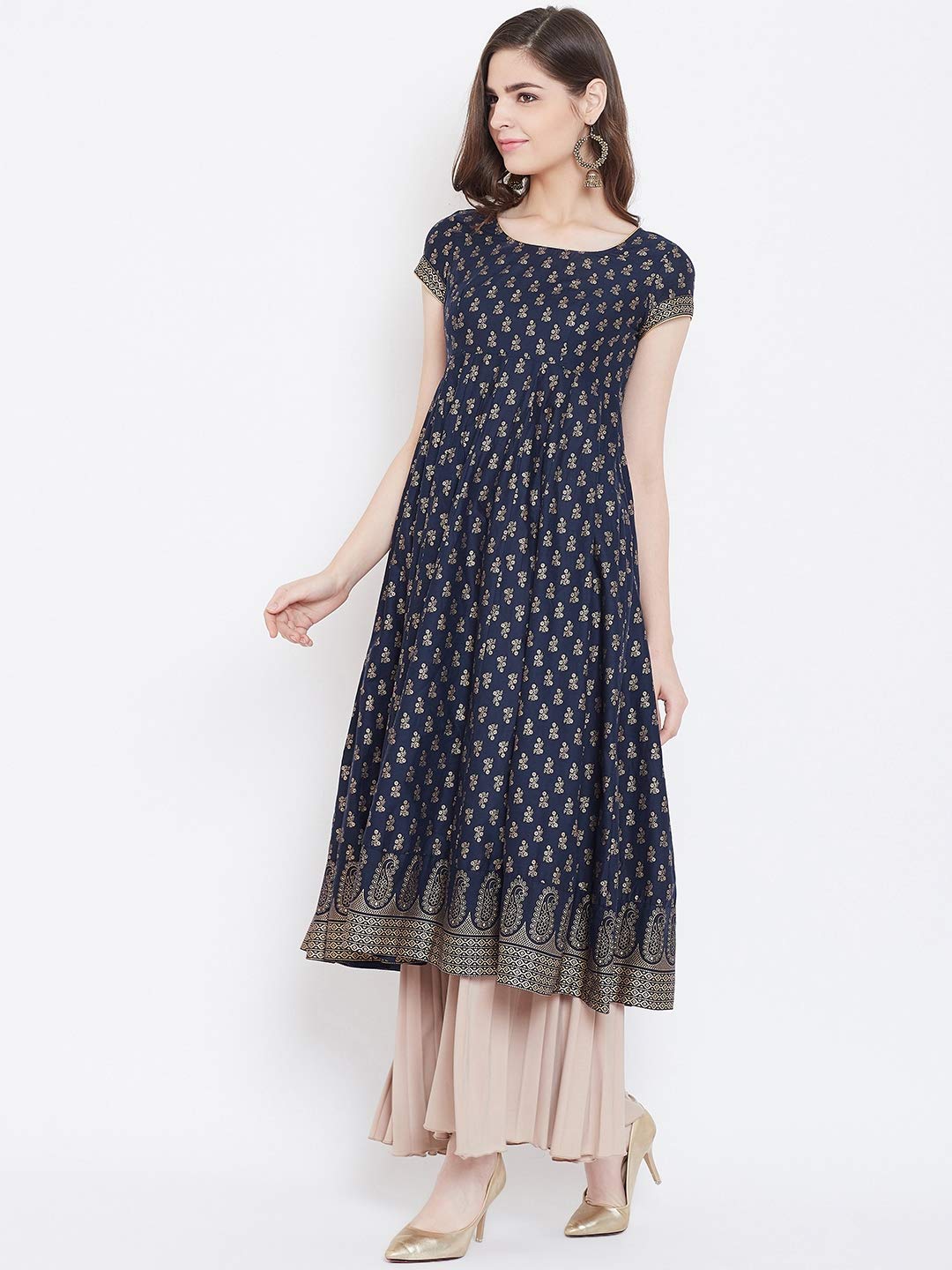 "PH" POSHAKHUB Adorable Women's Soft Cotton Printed Cap Sleeve Anarka Kurti