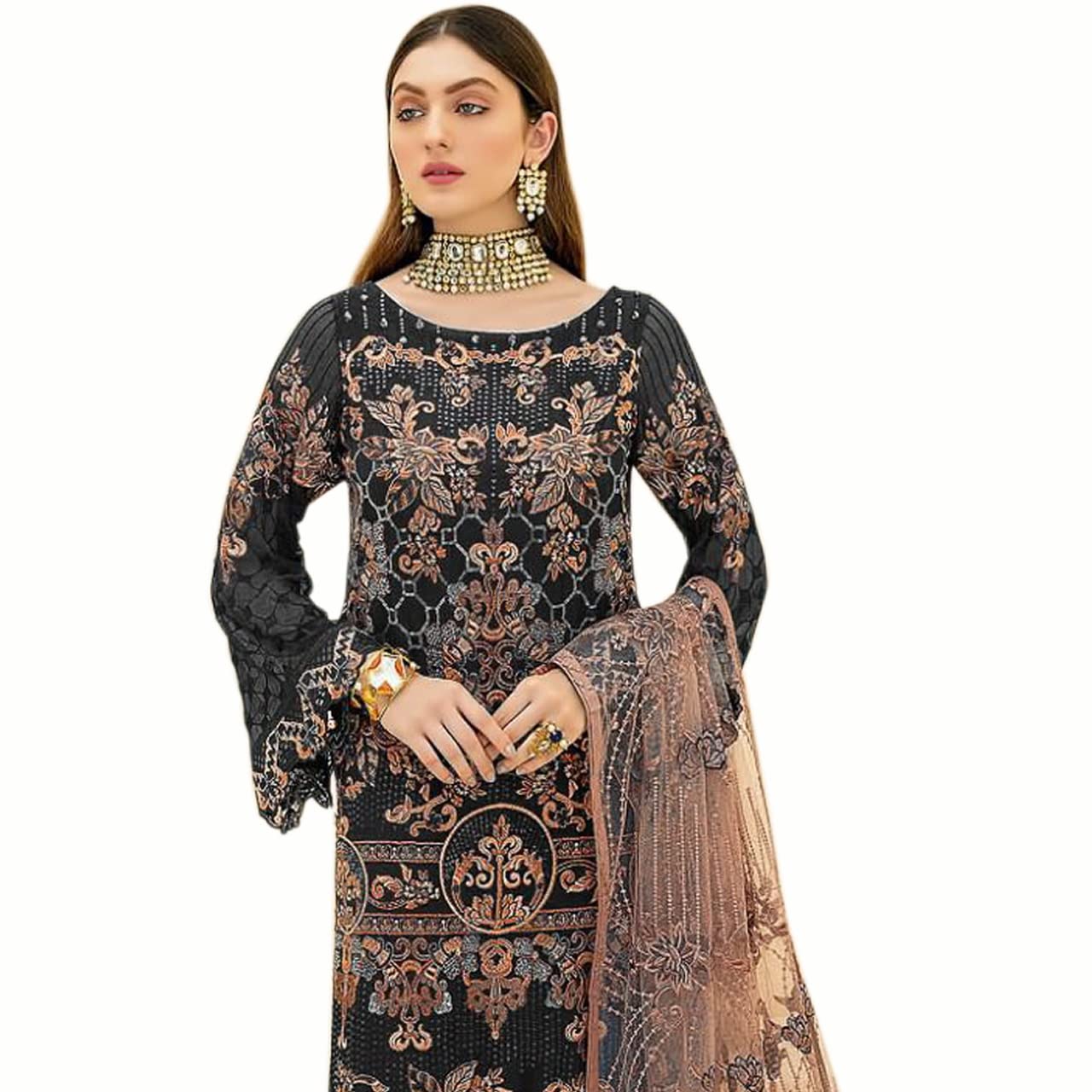 Miss Ethnik Women's Faux Georgette Semi Stitched Top With Unstitched Santoon Bottom and Net Dupatta Embroidered Straight Top Dress Material (Pakistani Salwar Suit)