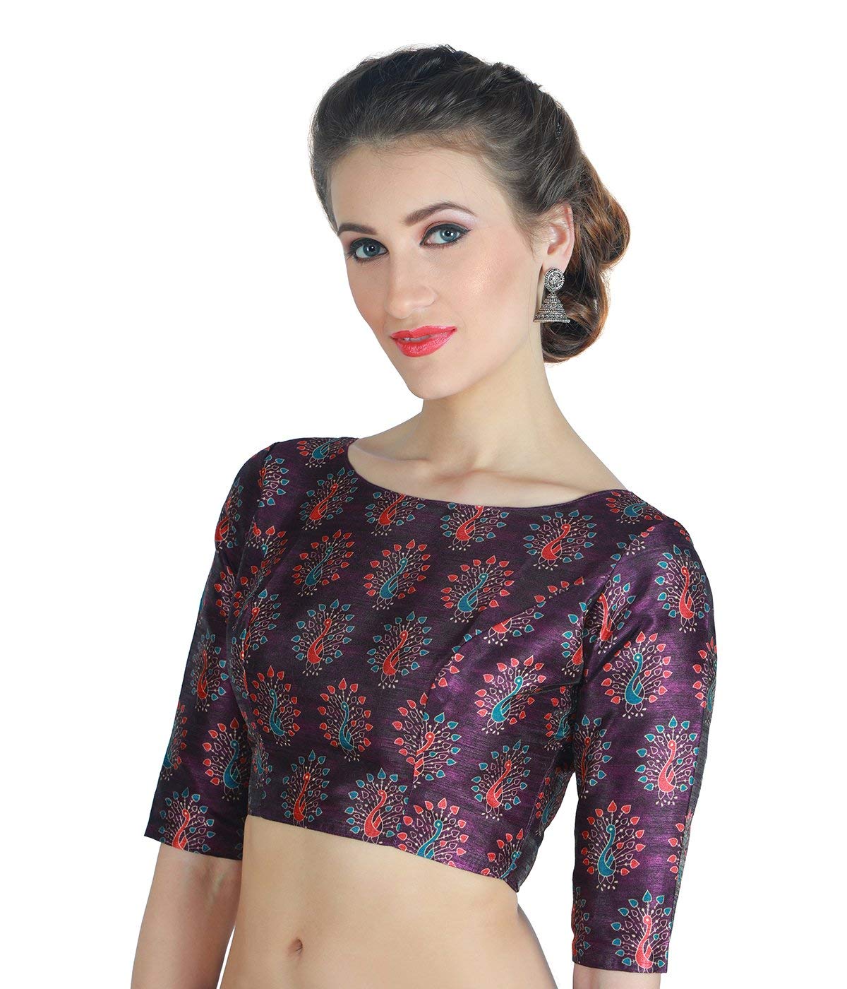X3 Women's Peacock Print Polyester Elbow Length Sleeves Saree Blouse
