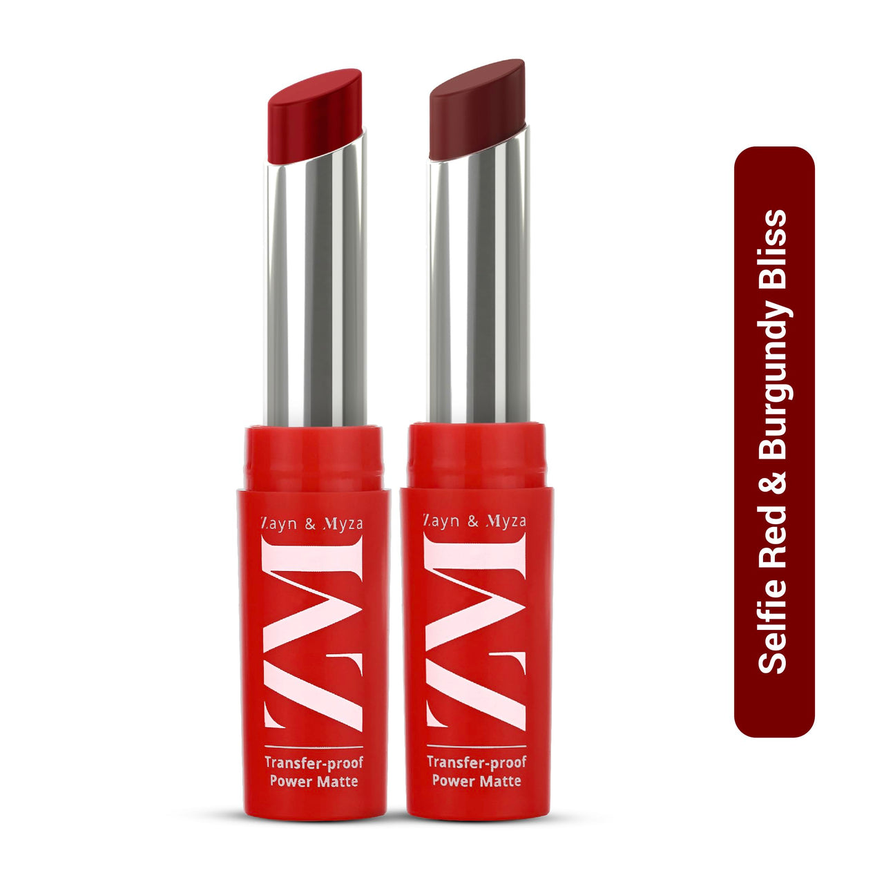 ZM Transfer-Proof Power Matte Bullet Lipstick, Vegan, Combo (Selfie Red & Burgundy Bliss) 3.2 G