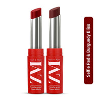 ZM Transfer-Proof Power Matte Bullet Lipstick, Vegan, Combo (Selfie Red & Burgundy Bliss) 3.2 G