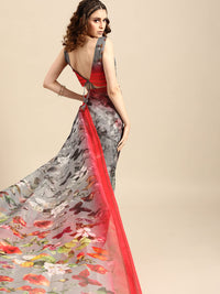 AKHILAM Women's Knit Floral Printed Organza Saree with Unstitched Blouse Piece (FF0SAGE10_Parent)