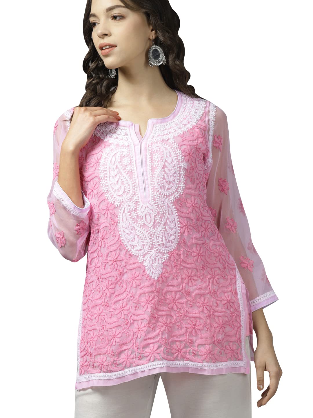 Ada Women's Hand Embroidered Lucknowi Chikankari Georgette Short Top Kurti with Slip