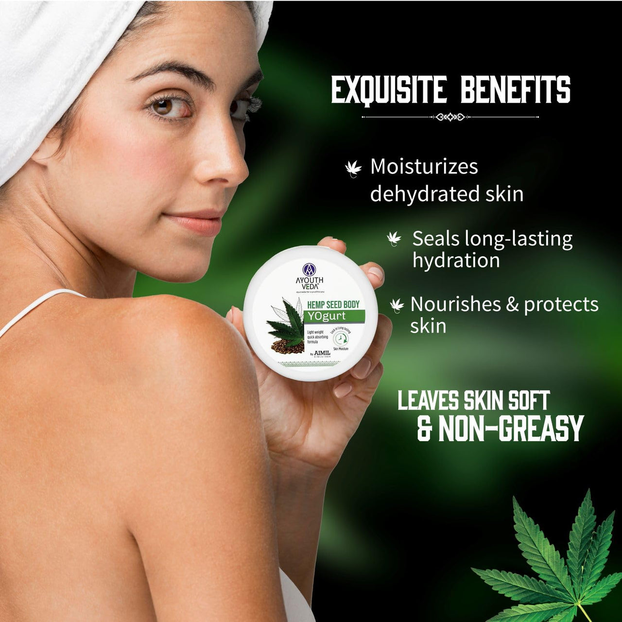 Aimil Ayouthveda Hemp Seed Body Yogurt for All Skin Types | Light Weighted & Quick Absorbing Moisturizer | Non-greasy Formula | Keeps Skin Hydrated & Nourished | Long lasting Hydration (200g)