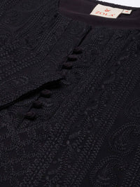 ZOLA Exclusive Georgette Round Neck with Full Sleeves and Calf Length Luckhnowi Chikan Kari Kurta with Button Placket on Yolk Ethnic Wear Straight Kurta for Women Pack of 1