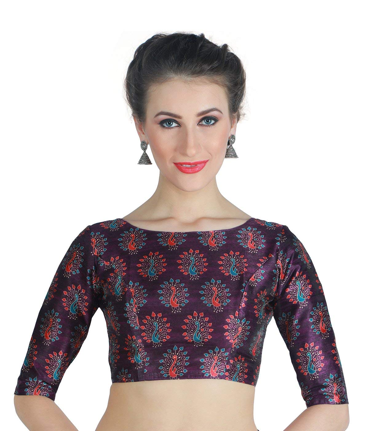 X3 Women's Peacock Print Polyester Elbow Length Sleeves Saree Blouse