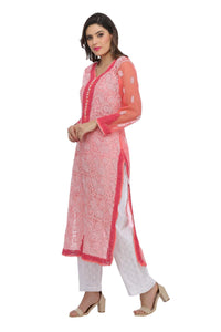Ada Women's Hand Embroidered Faux Georgette Lucknowi Chikankari Kurti with Slip