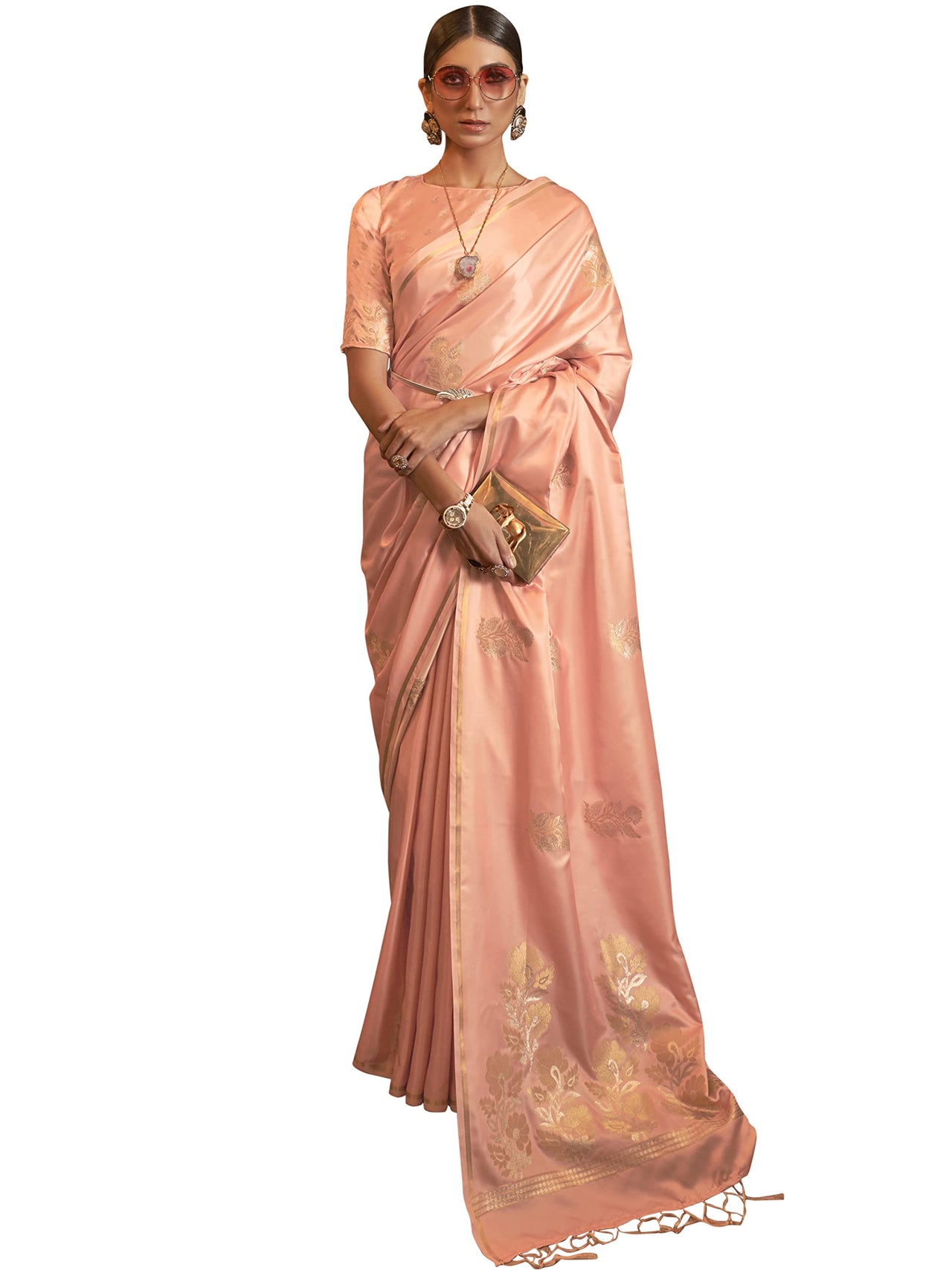 AKHILAM Women's Banarasi Pure Silk Floral Golden Zari Work Woven Design Border Saree with Unstitched Blouse Piece(KSBLE2240_Parent)