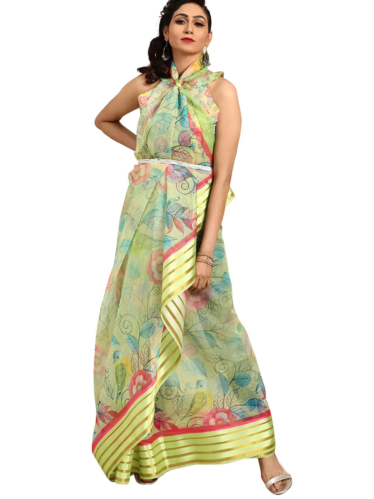 AKHILAM Women's Knit Floral Printed Organza Saree with Unstitched Blouse Piece (FF0SAGE10_Parent)