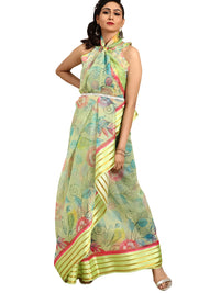 AKHILAM Women's Knit Floral Printed Organza Saree with Unstitched Blouse Piece (FF0SAGE10_Parent)